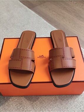 Hermes La Maison Brown Leather Slide Sandals